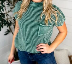Green Ribbed Short Sleeve Top